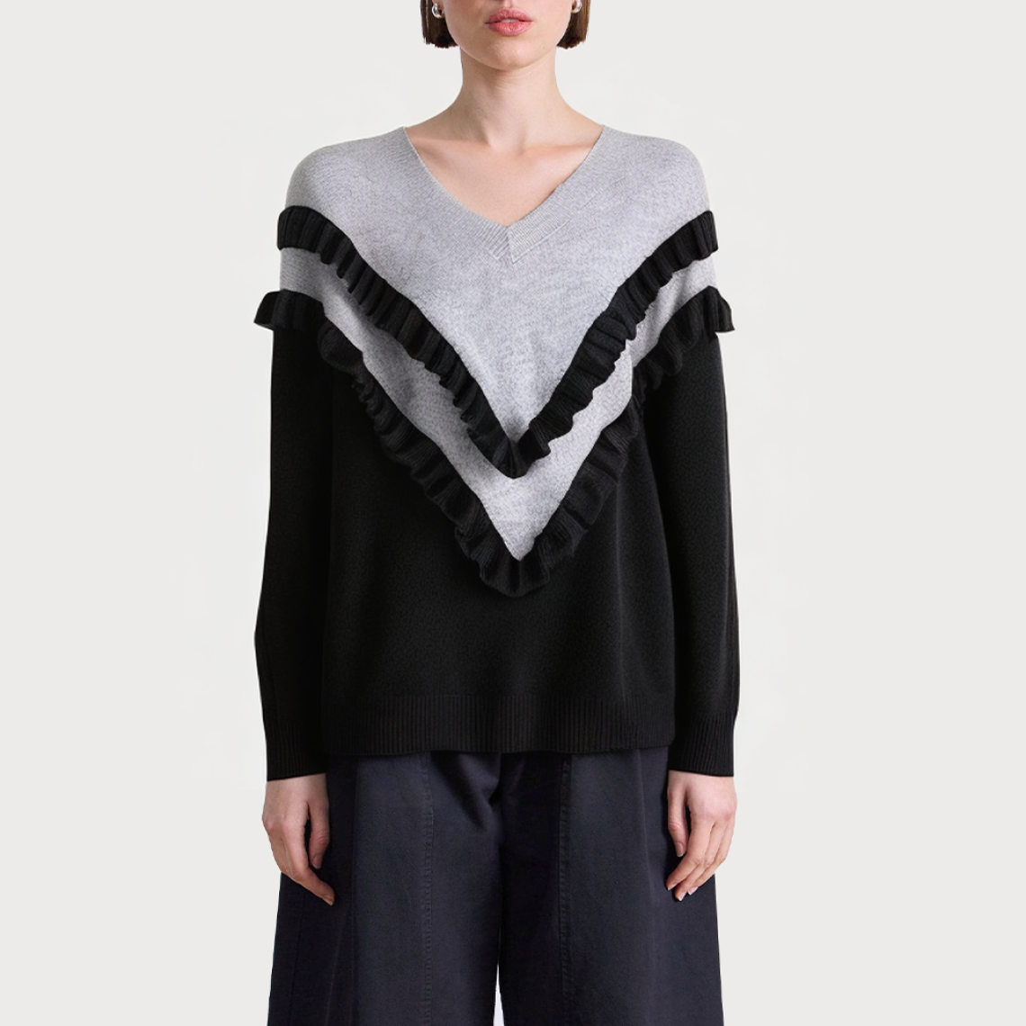 Contrast color ruffle trim loose women's sweater