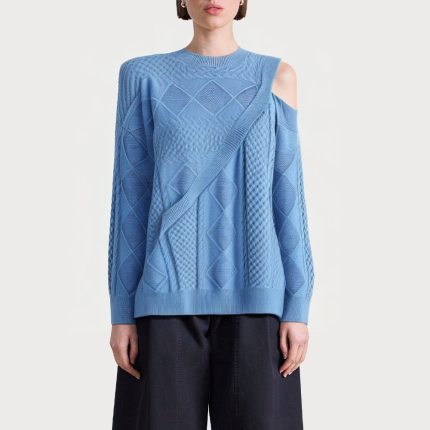 Blue round neck off-shoulder women's sweater