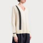 Beige cable knit V-neck women's sweater