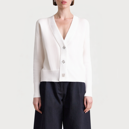 White diamond button V-neck women's sweater