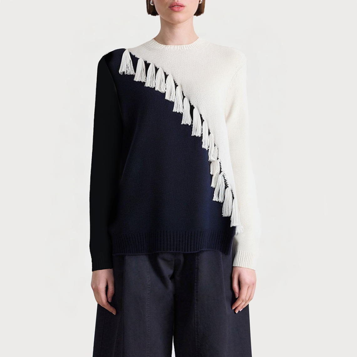 Women's round neck color-block tassel sweater