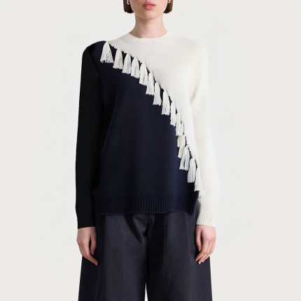 Women's round neck color-block tassel sweater