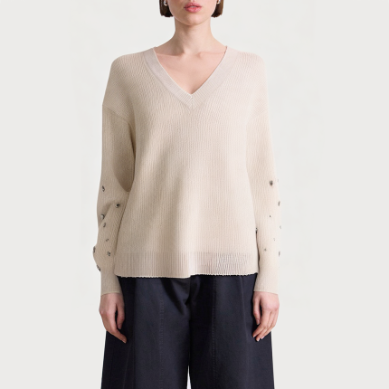 Beige rhinestone embellished women's sweater