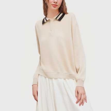 Beige lapel long-sleeved women's sweatshirt