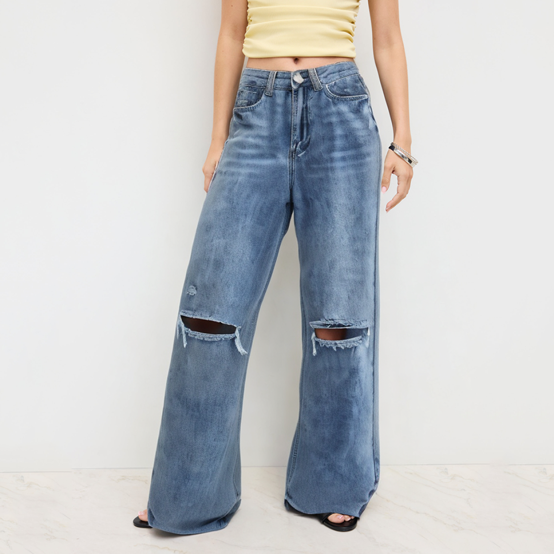 Blue ripped high waist women's trousers