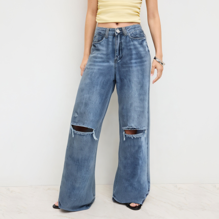 Blue ripped high waist women's trousers