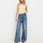 Blue ripped high waist women's trousers