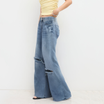 Blue ripped high waist women's trousers
