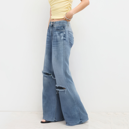 Blue ripped high waist women's trousers