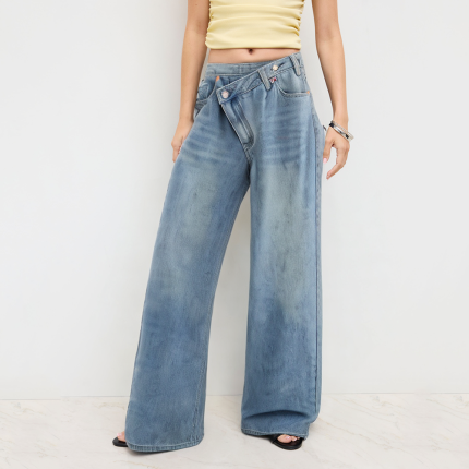 Asymmetrical high-waist loose-fitting women's denim trousers