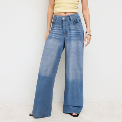 Blue high waist wide leg women's denim trousers