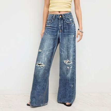 Washed and worn high waist women's denim trousers