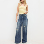 Washed and worn high waist women's denim trousers