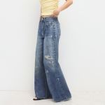 Washed and worn high waist women's denim trousers
