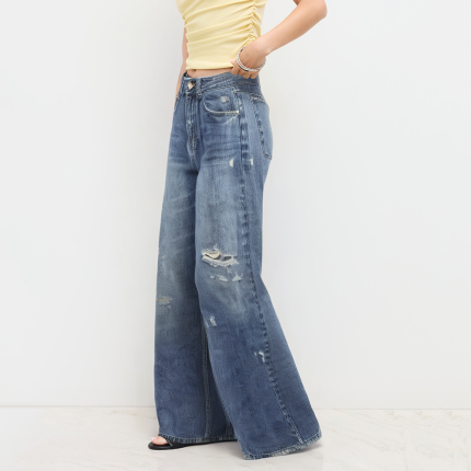 Washed and worn high waist women's denim trousers