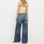 Washed and worn high waist women's denim trousers