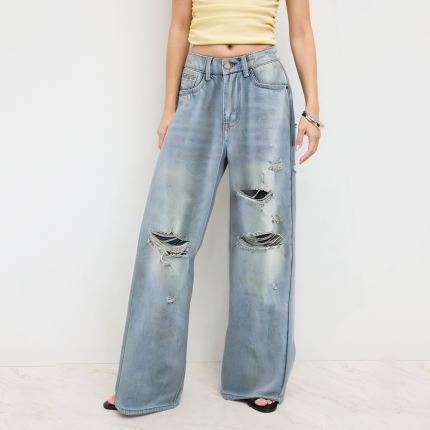 High-waisted versatile ripped jeans for women