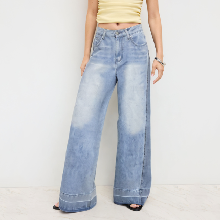 Versatile high-waisted patchwork women's denim trousers