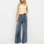 Fashionable rhinestone-embellished women's denim trousers