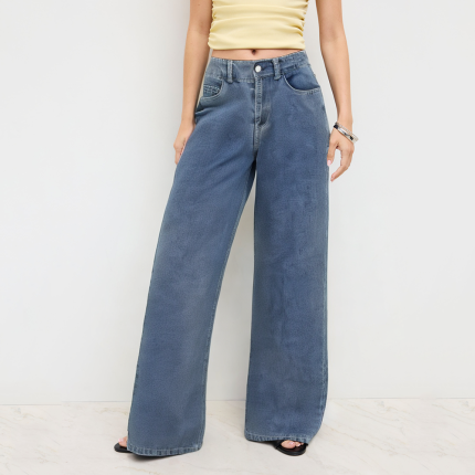 Vintage blue high waist women's denim trousers